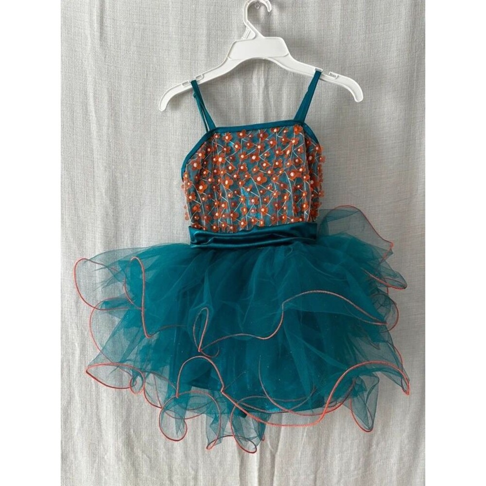 Alexandra Collection Girls Teal Floral Dance Costume Dress Size 10